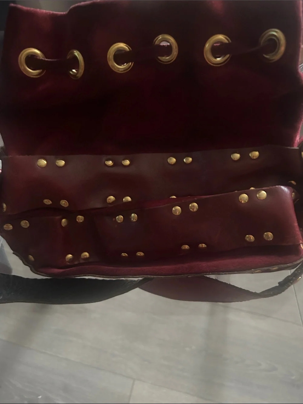 Etienne Aigner Burgundy suede and Leather Drawstring Hobo with Gold Studs